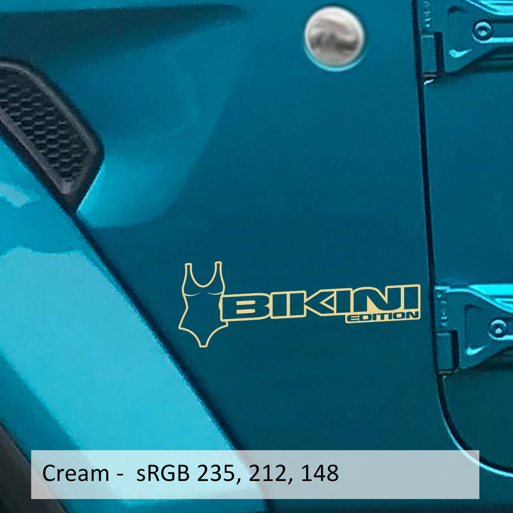 Cream Bikini Pearl Edition bikini fender decal pair on Jeep Wrangler JL Gladiator JT side hood