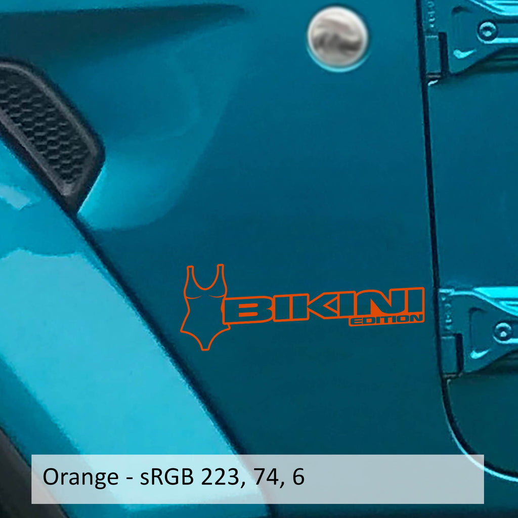 Orange Bikini Pearl Edition bikini fender decal pair shown on Jeep Wrangler JL Gladiator JT cowl