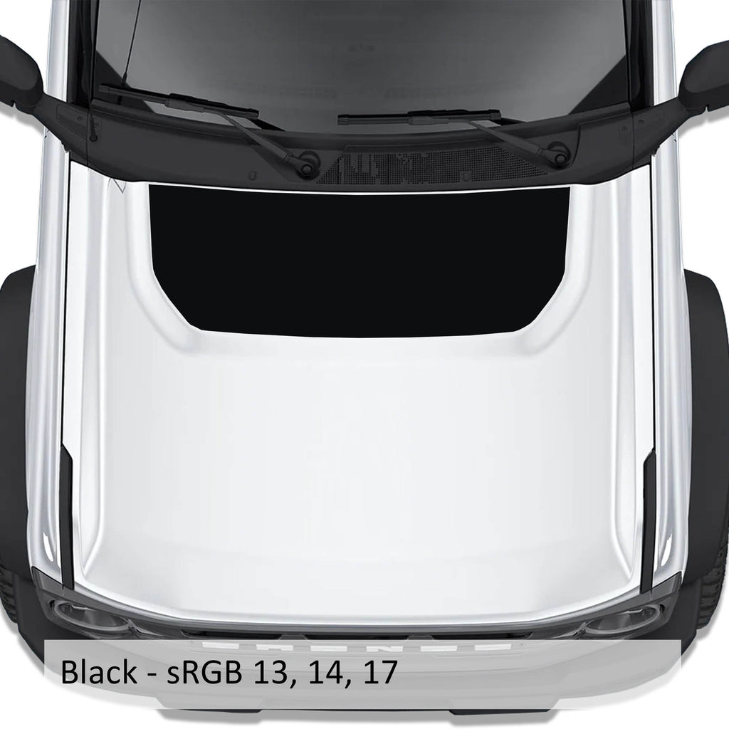 Topographical blackout hood vinyl decal in black shown installed on the hood of a 2021+ Ford Bronco