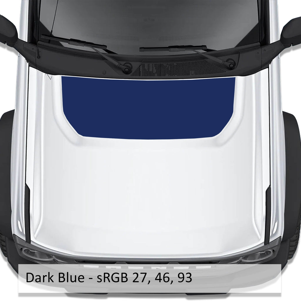 Dark blue solid blackout hood vinyl decal shown installed on white Ford Bronco 2021 plus hood