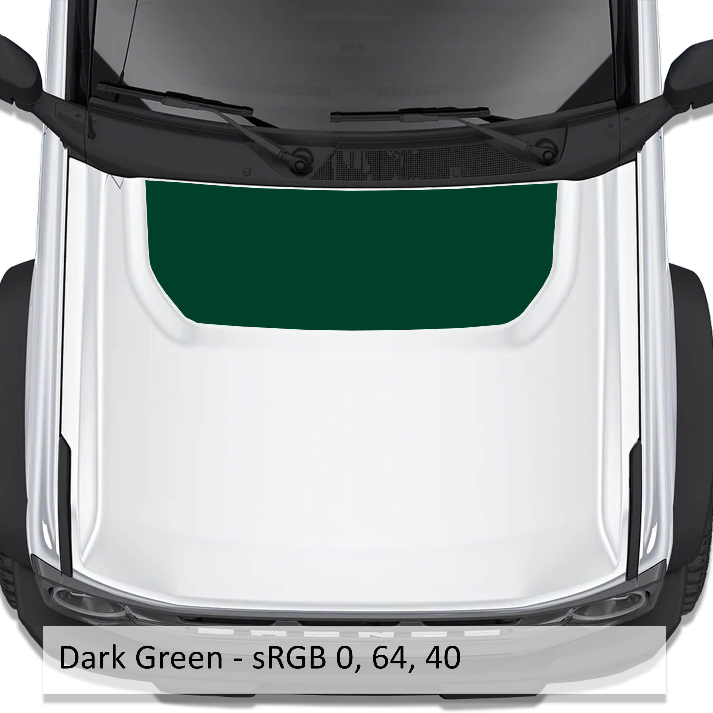 Dark green solid blackout hood vinyl decal shown installed on white Ford Bronco 2021 plus hood