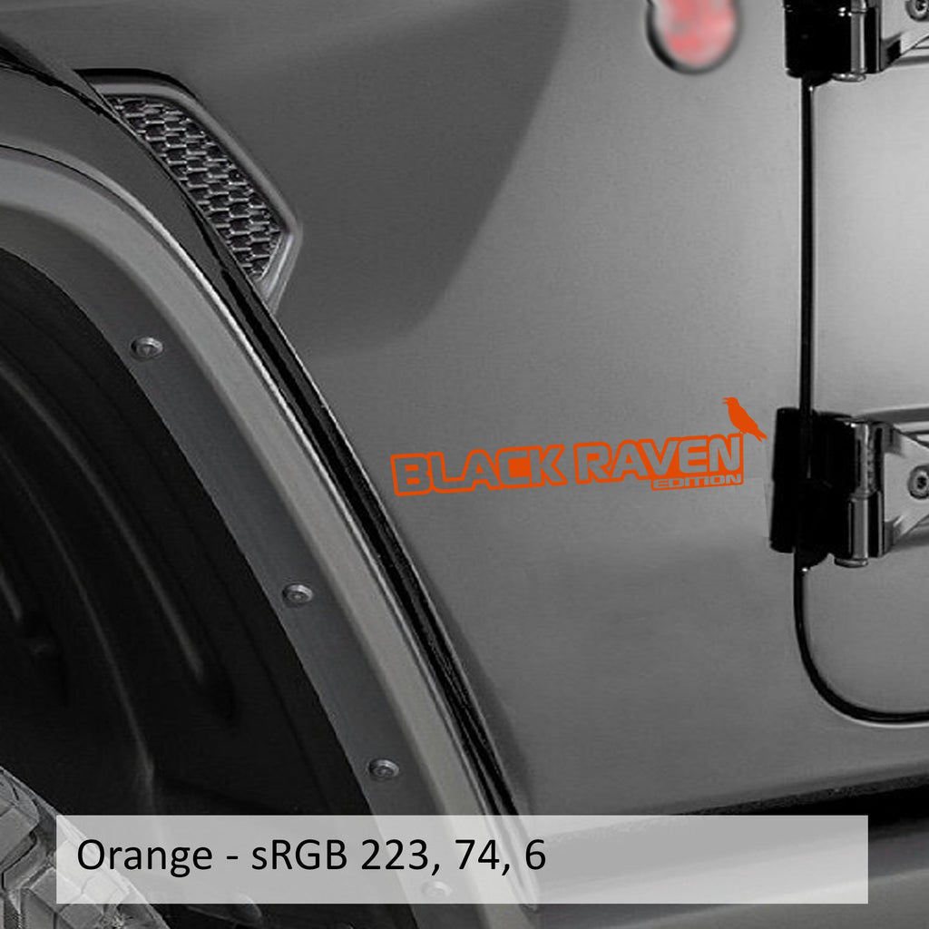 Black Raven Edition Wrangler JK JL Gladiator JT fender decal pair pictured in bright orange vinyl
