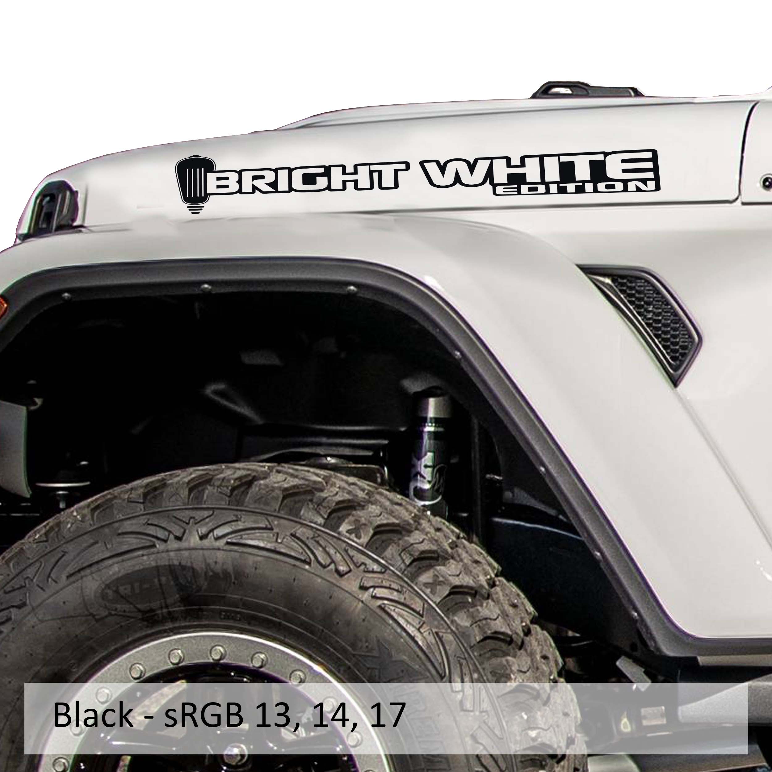 Bright White Edition Jeep hood decal pair in matte black vinyl displayed on a clean white photo background