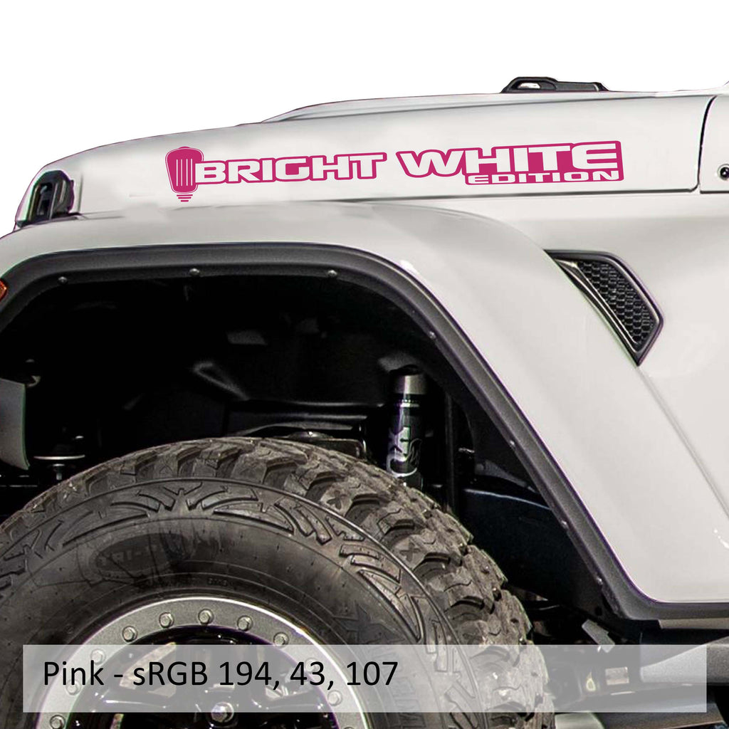 Bright White Edition Jeep hood decal pair displayed in bright pink vinyl on a clean white studio backdrop