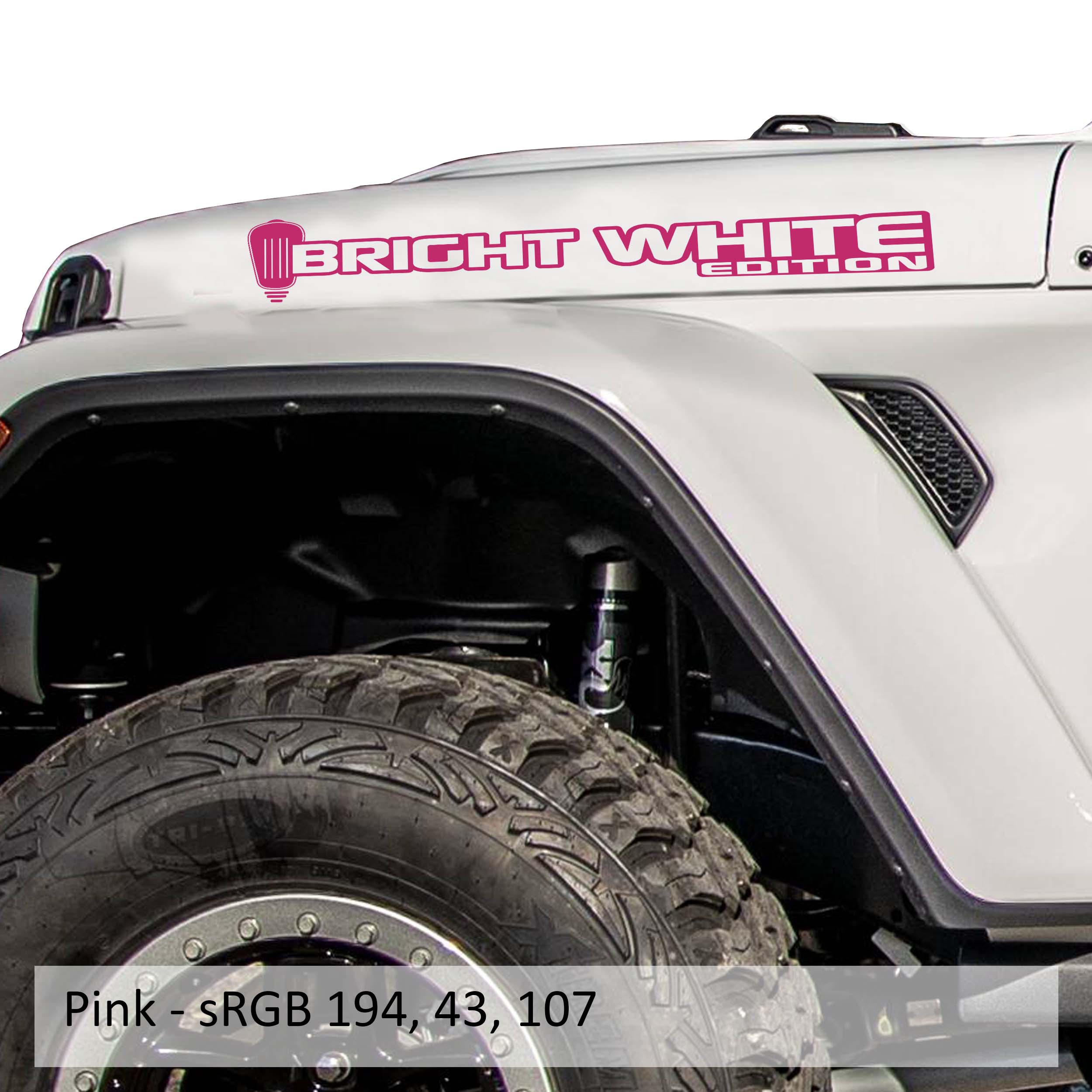 Bright White Edition Jeep hood decal pair displayed in bright pink vinyl on a clean white studio backdrop