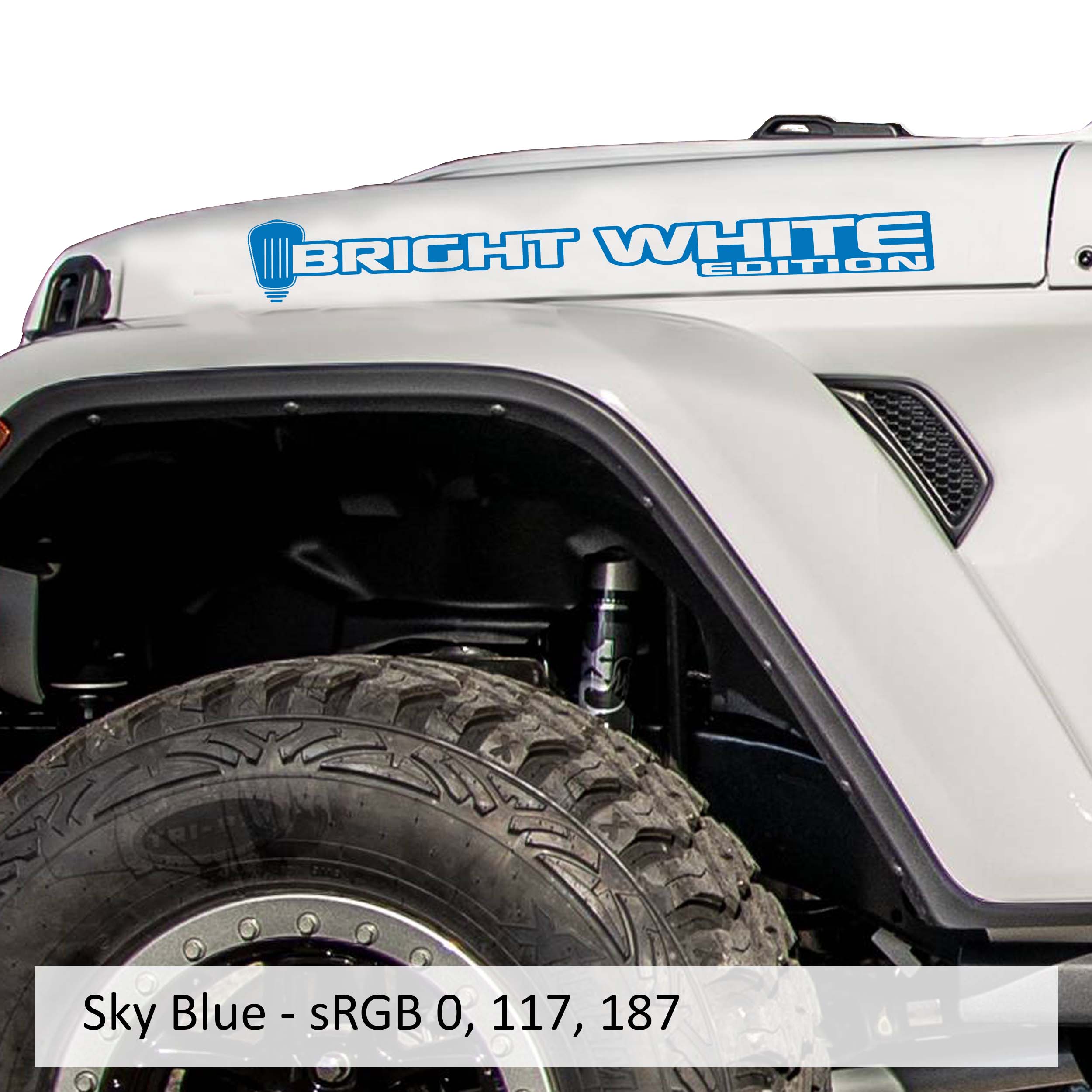 Bright White Edition Jeep hood decal pair in sky blue vinyl shown on a clean white promo background image