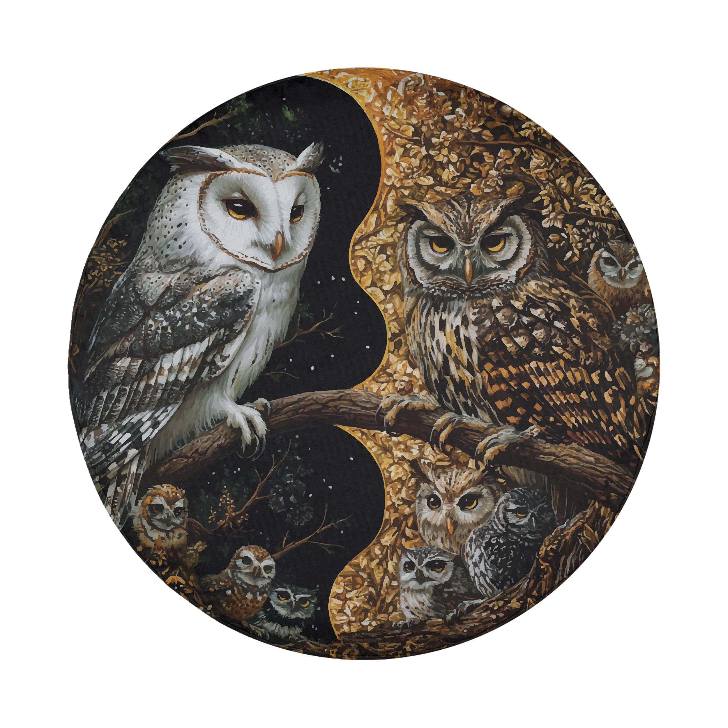 Yin-Yang Owls spare tire cover flat art with two stylized owls forming a balanced yin and yang circular composition
