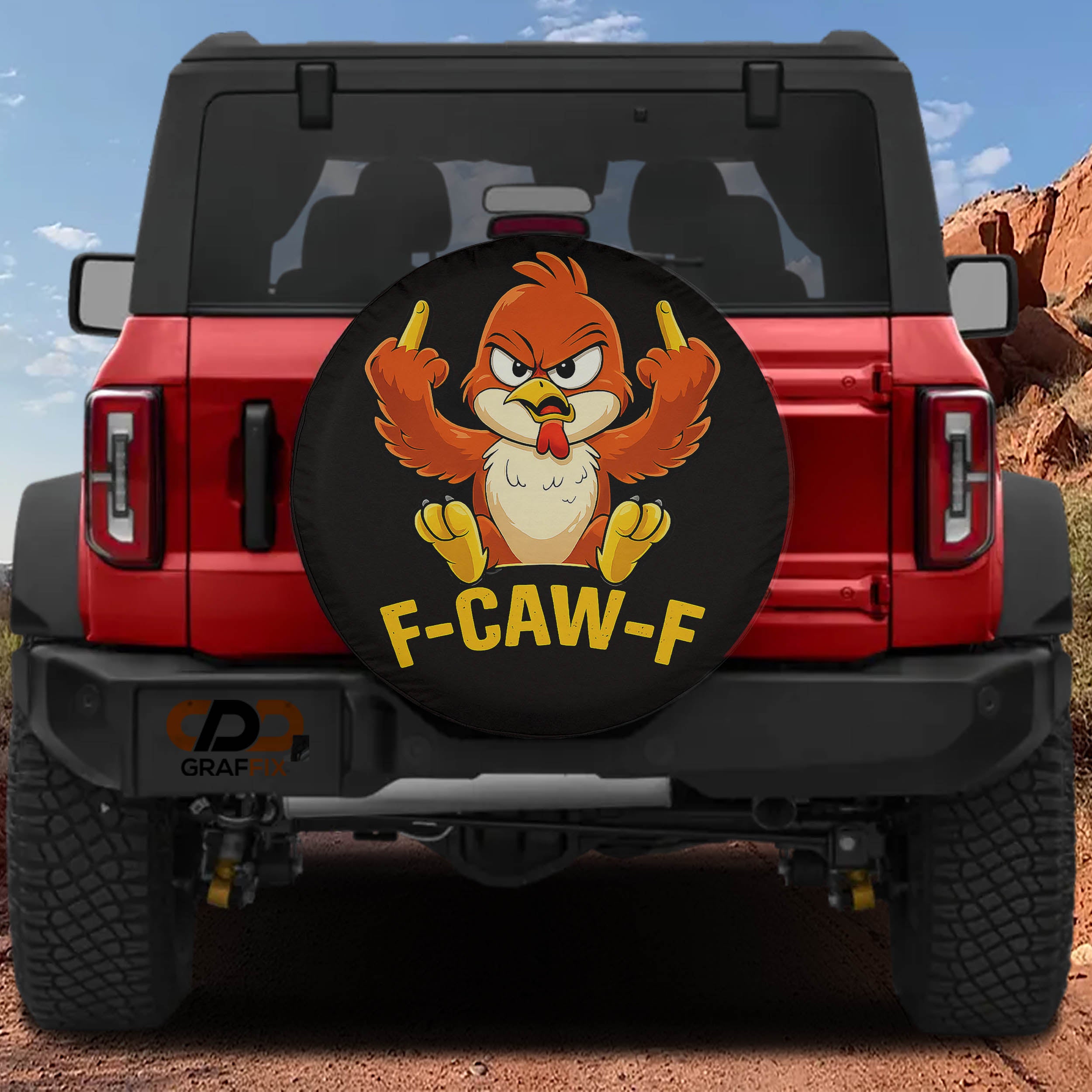 A red Jeep Wrangler with a large tire cover featuring a cartoon bird character making a peace sign with its fingers.
