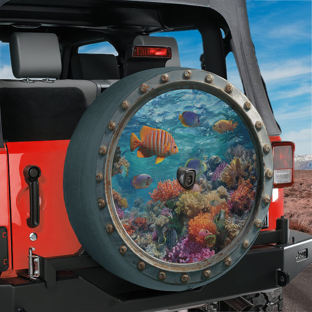 Tropical Portal View design printed spare tire cover with optional backup camera hole by Graffix