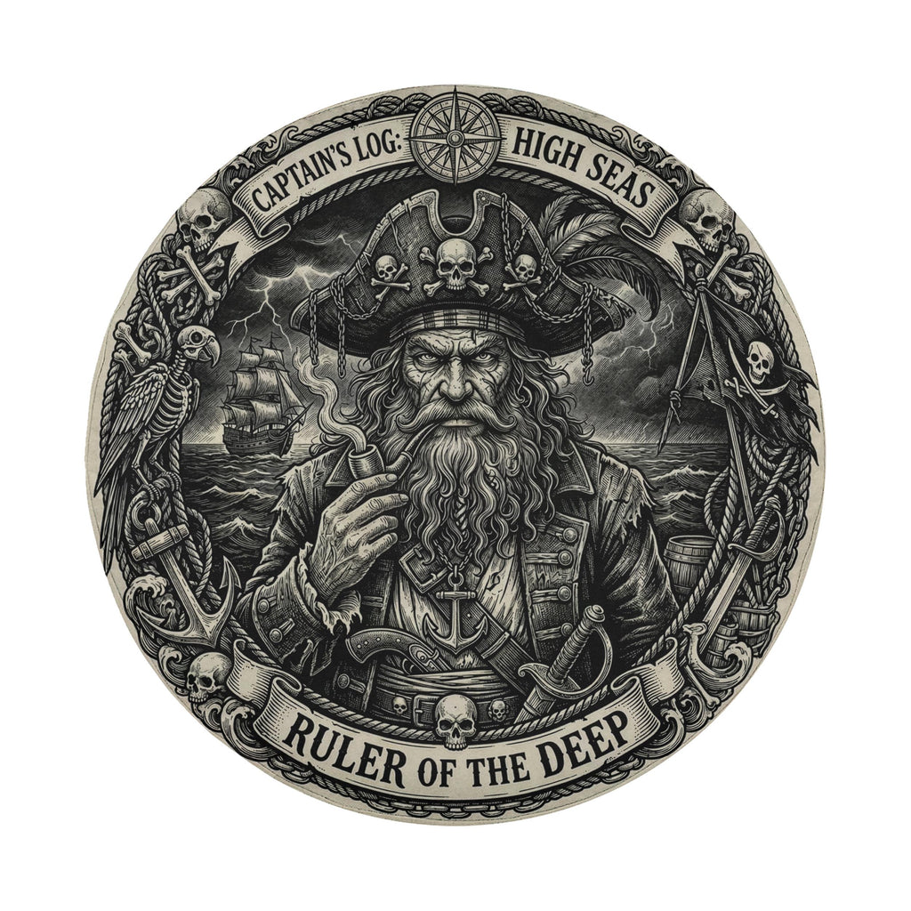 The image is a detailed illustration of a pirate, featuring a large beard, a pirate hat, and various pirate-related symbols and imagery.