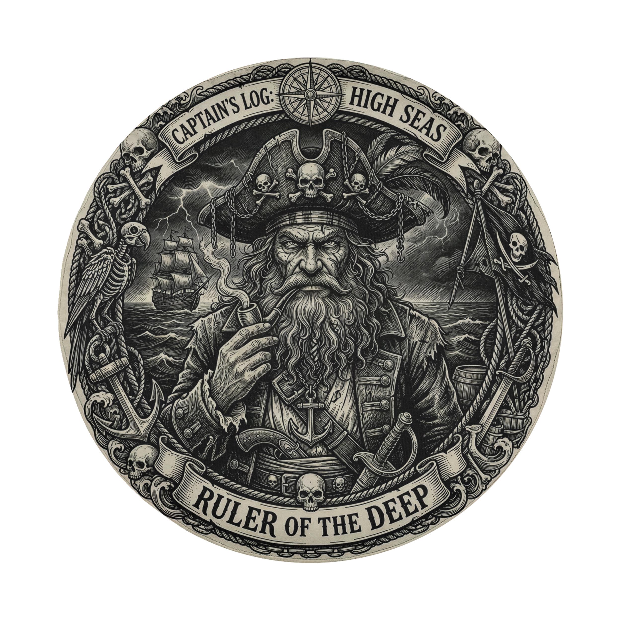The image is a detailed illustration of a pirate, featuring a large beard, a pirate hat, and various pirate-related symbols and imagery.