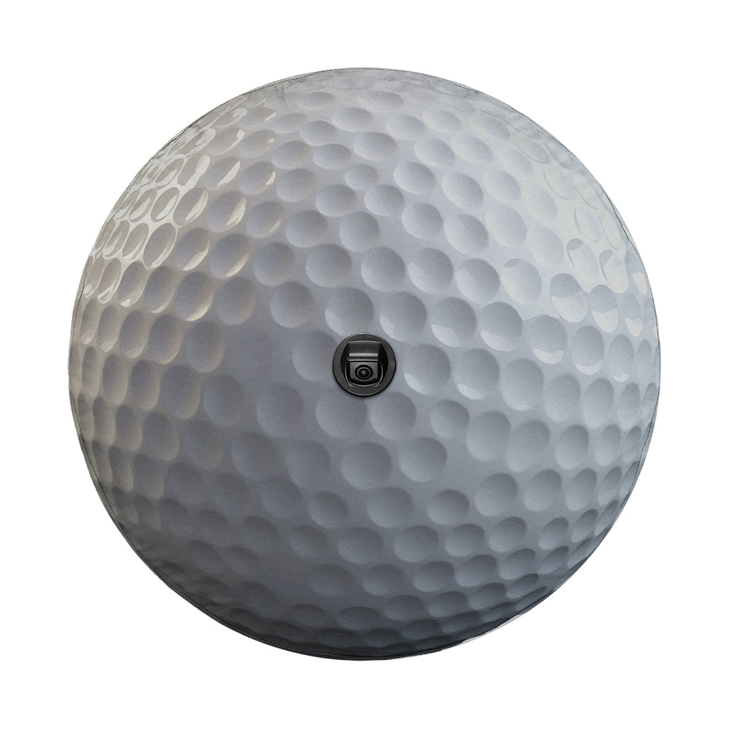 Golf ball spare tire cover closeup detail of white dimpled printed graphic artwork