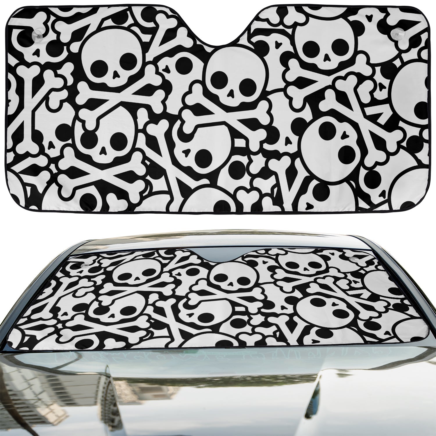 Skull and Crossbones accordion sunshade installed in a sedan windshield on a sunny urban street view