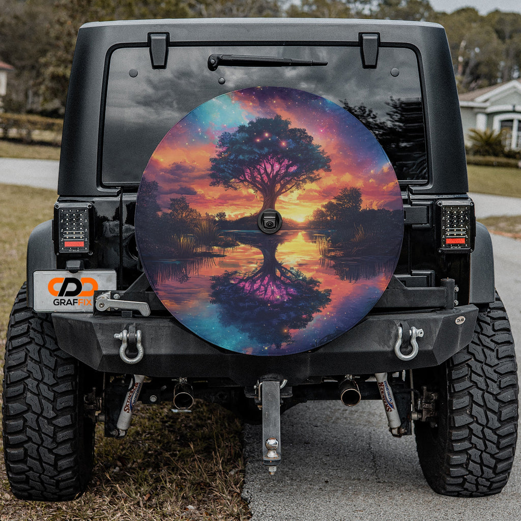 Dreamscape Tree spare tire cover installed on black Jeep Wrangler with GRAFFIX license plate