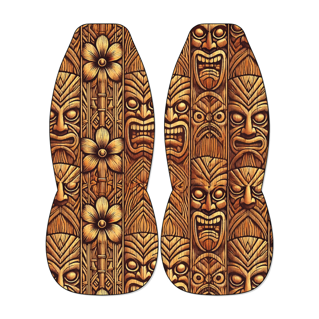 two tiki boards with intricate, colorful designs and patterns, including various facial expressions and floral elements.