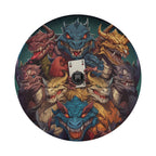 Closeup dragons ace mischief tire cover with backup camera cutout near the playing card centerpiece