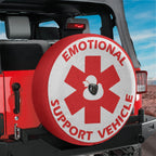 Emotional Support Vehicle rubber duck red star tire cover on red Jeep Wrangler with desert horizon