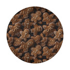 Round gingerbread cookies tire cover on white showing scattered iced brown cookie figures dark base