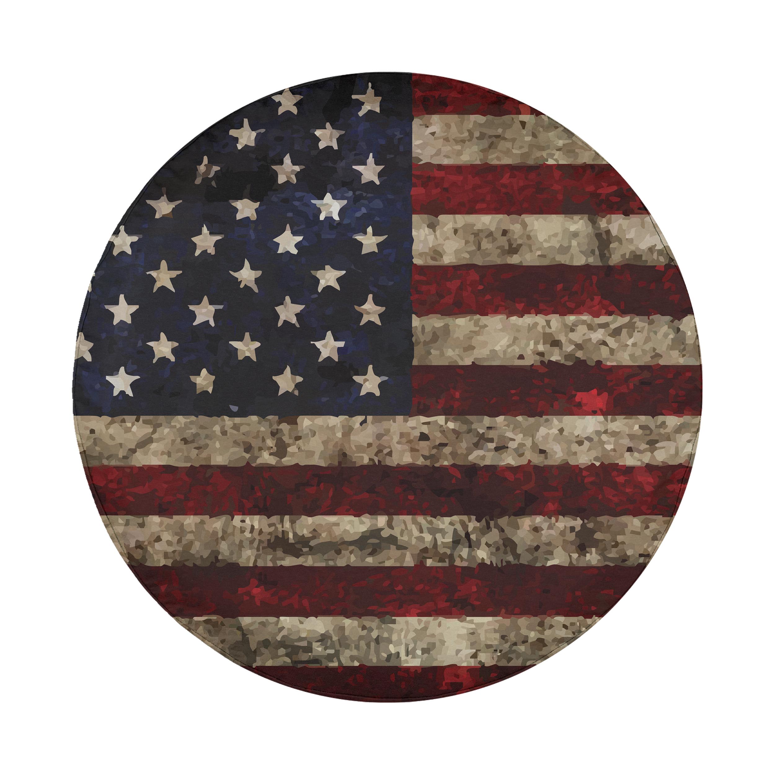 Rustic American flag spare tire cover studio close-up of weathered stars and stripes without camera cutout