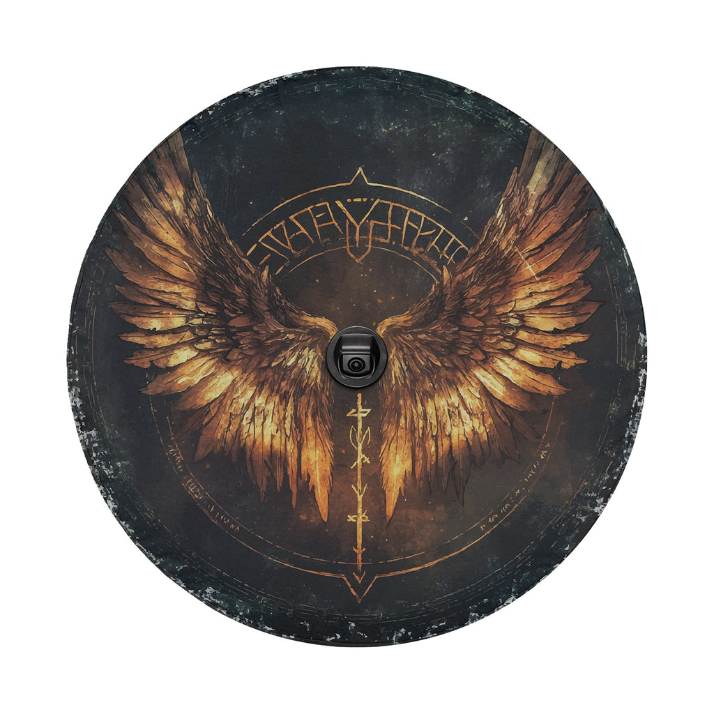 Detail of Valkyrie wings spare tire cover with weathered gold feather wings, Norse runes and sword graphic