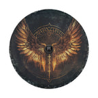 Detail of Valkyrie wings spare tire cover with weathered gold feather wings, Norse runes and sword graphic