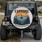 Explore Everyday spare tire cover lifestyle view with adventure mountain pine forest scene print