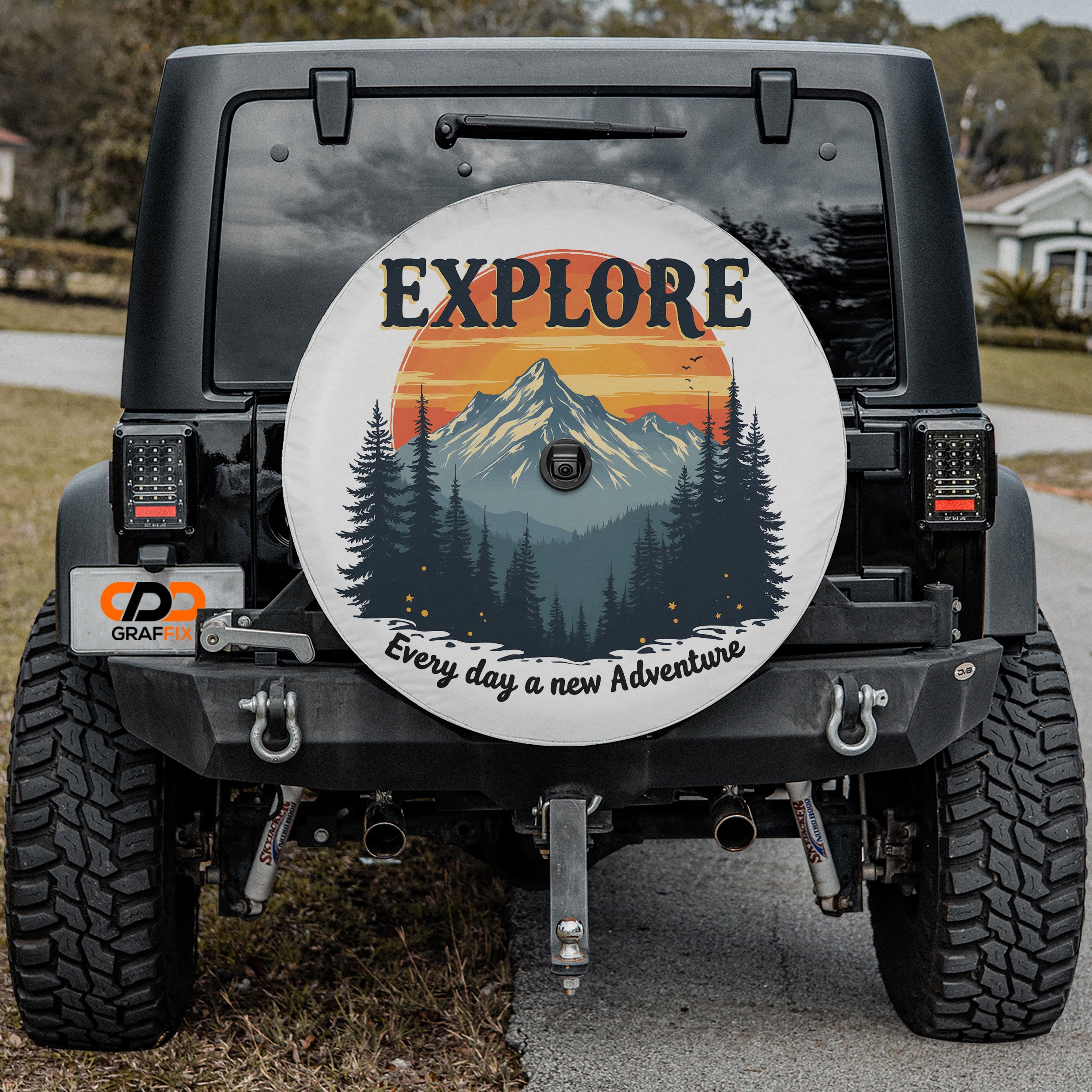 Explore Everyday spare tire cover lifestyle view with adventure mountain pine forest scene print