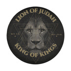 a close-up of a lion's face, with the text "LION OF JUDAH" and "KING OF KINGS" prominently displayed around the image.
