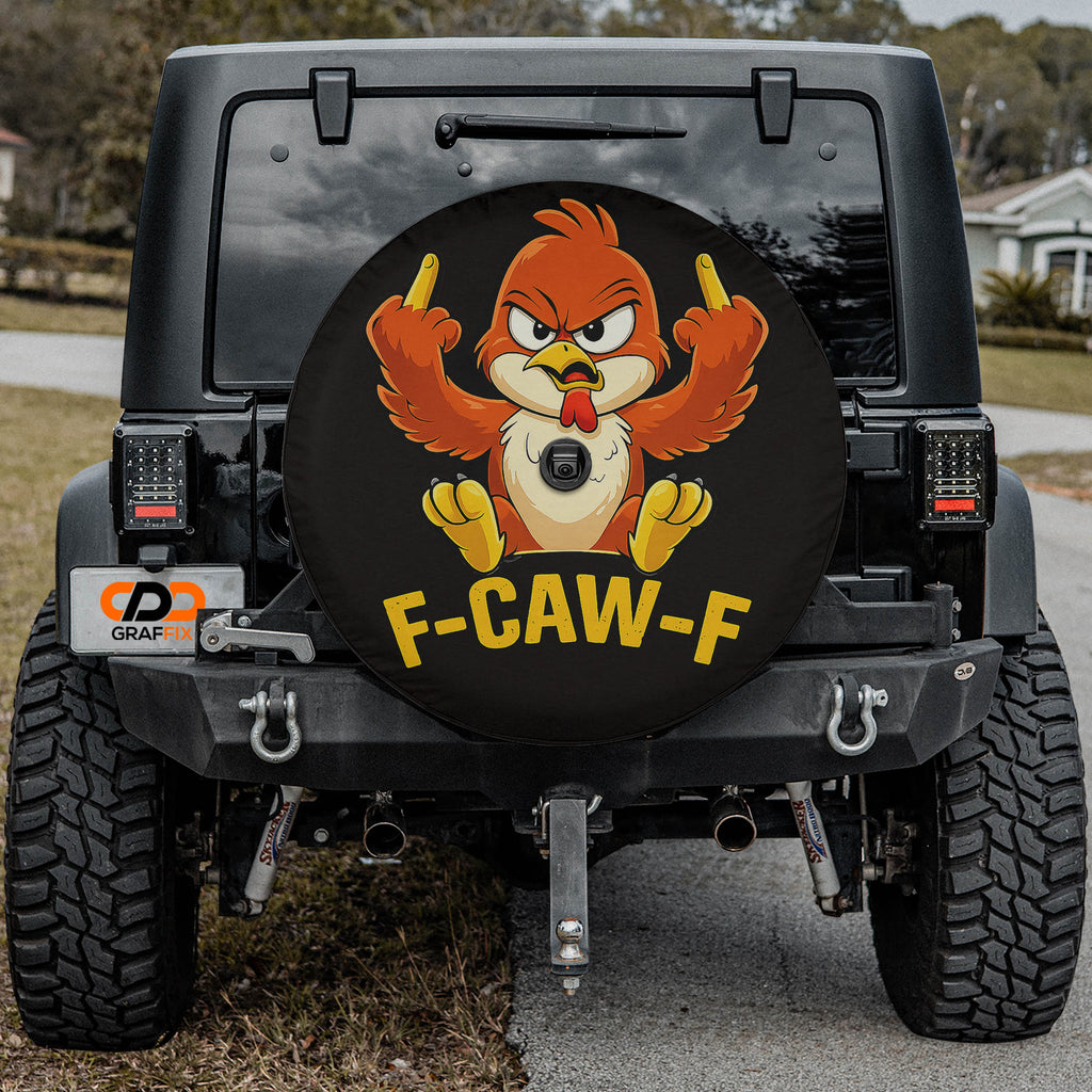 a black Jeep Wrangler with a large tire cover featuring a cartoon bird character.