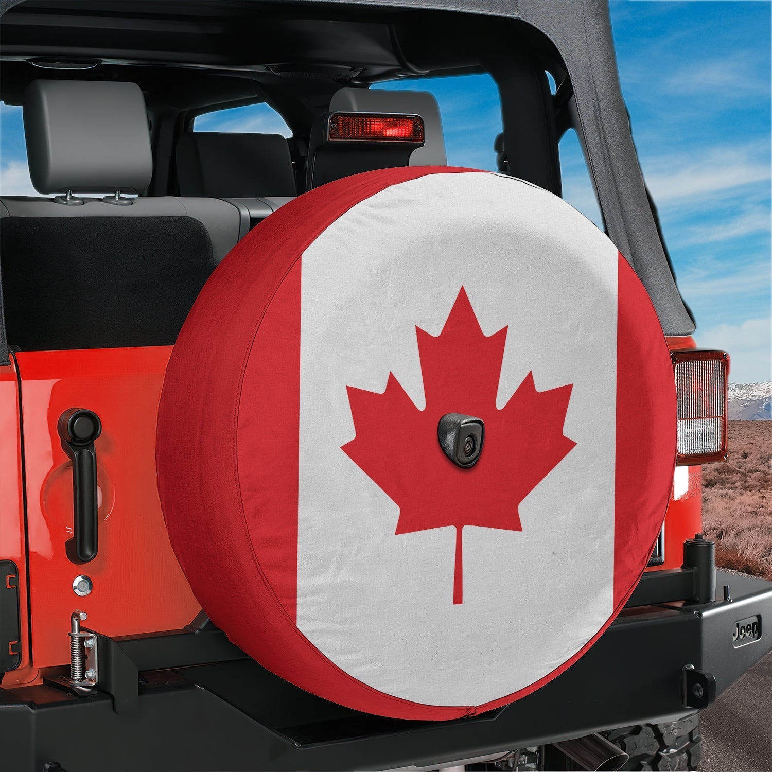 Canadian Maple Leaf flag spare tire cover studio shot showing bold red bars and white field with center maple leaf