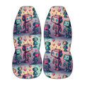 a pair of robot-themed slippers with a repeating pattern of colorful robot characters and hearts.