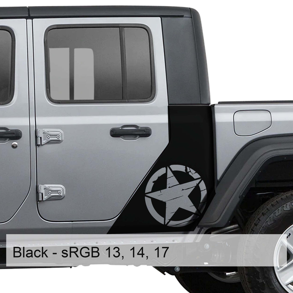 Black distressed Alfa Romeo star bodyside decal on silver Jeep Gladiator JT cab side panel