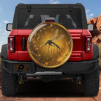 a red Jeep Wrangler with a large, round spare tire attached to the rear of the vehicle. The spare tire has a detailed image of a mosquito on it, which appears to be a creative design or advertisement for a mosquito repellent product.