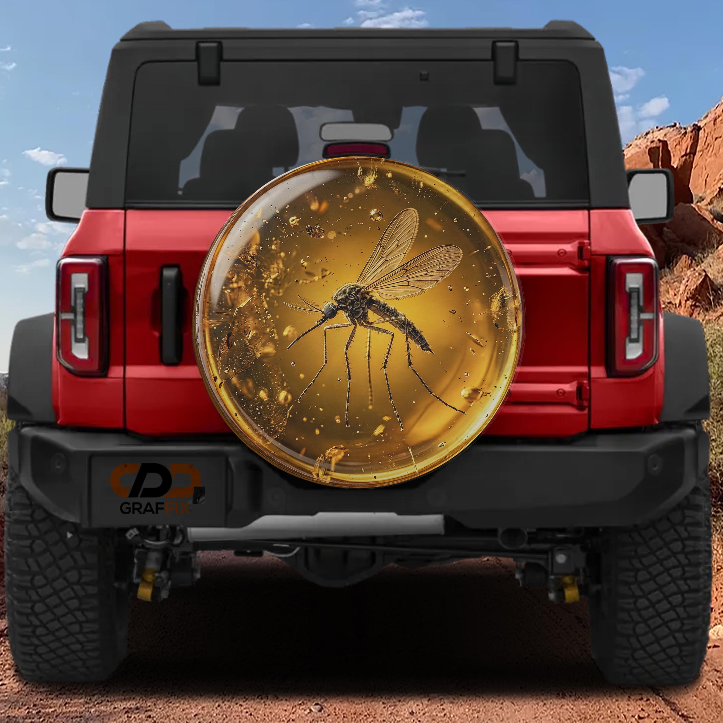 a red Jeep Wrangler with a large, round spare tire attached to the rear of the vehicle. The spare tire has a detailed image of a mosquito on it, which appears to be a creative design or advertisement for a mosquito repellent product.