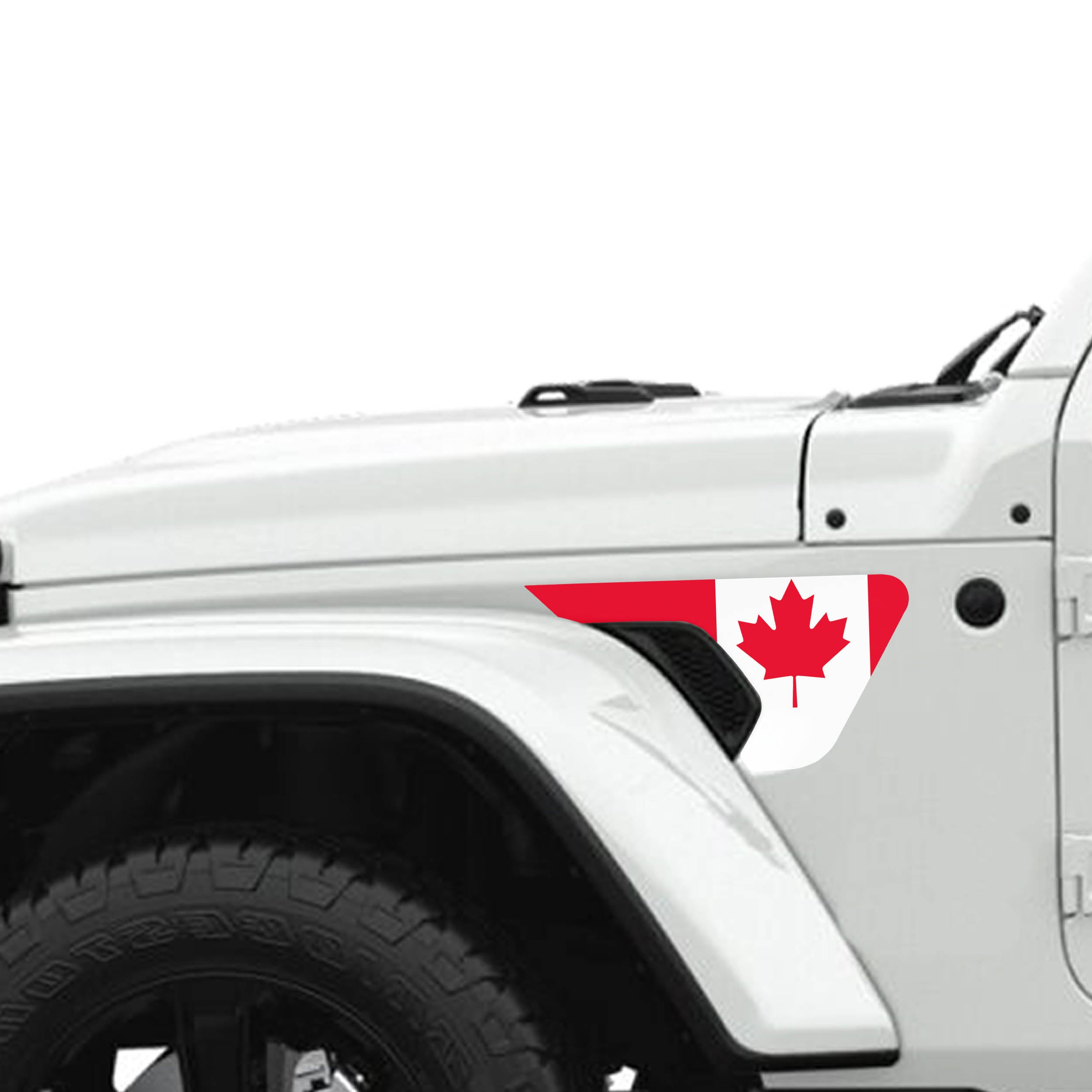 Canadian flag color fender vent vinyl decal mounted on JL JT matte black billet vent area