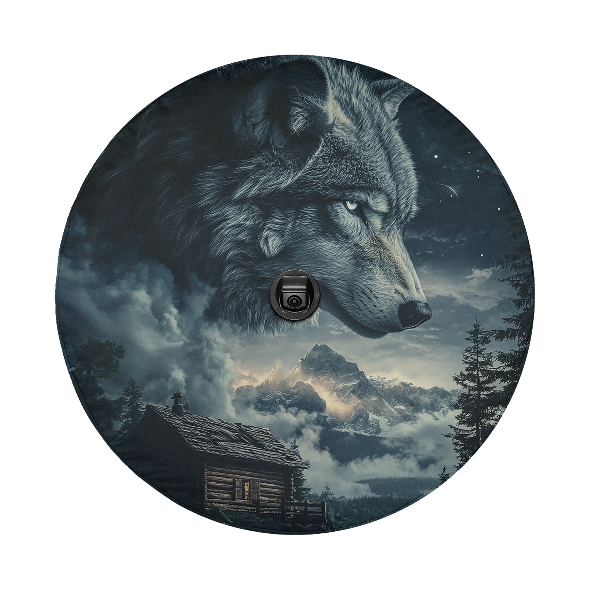 Spirit Wolf Overlook design printed spare tire cover with optional backup camera hole by Graffix