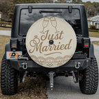 Just Married spare tire cover flat view with toasting glasses gold script wedding band