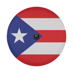 Puerto Rico flag spare tire cover with white star, blue triangle and red stripes plus backup camera cutout
