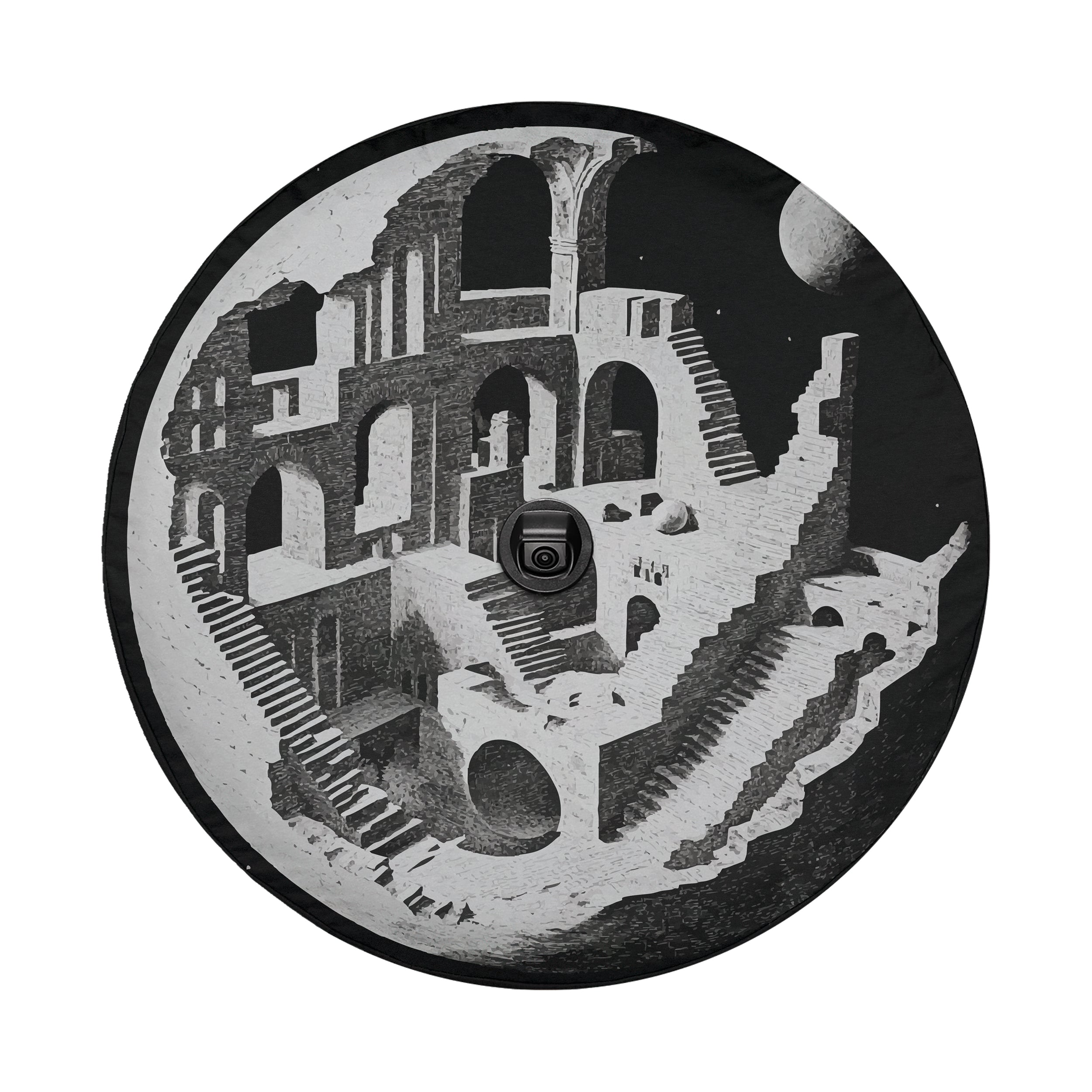 Planetary labyrinth spare tire cover with celestial maze pattern and cosmic planet design