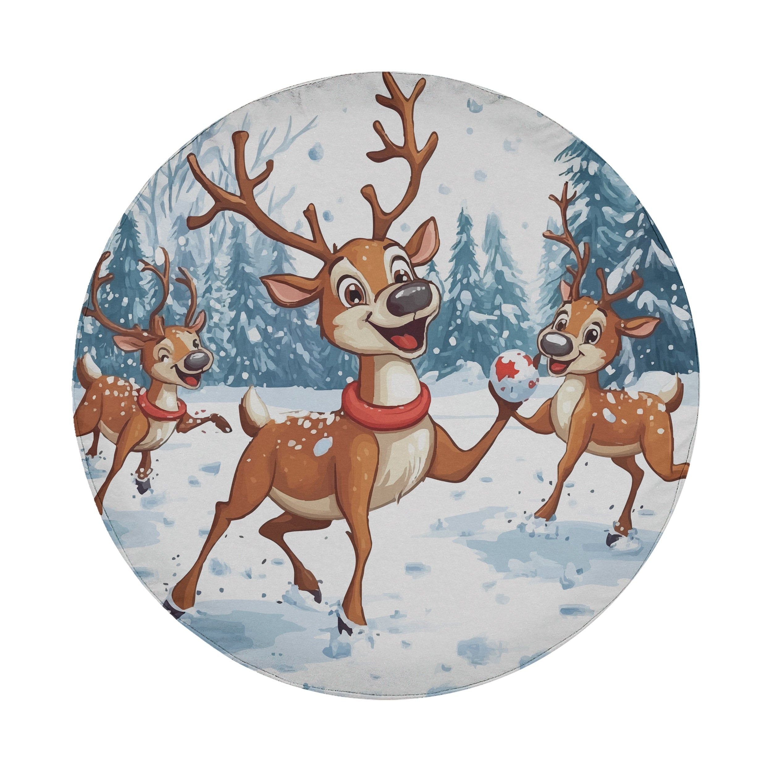 Reindeer Games spare tire cover front view flat showing three smiling reindeer with snowballs in pine landscape