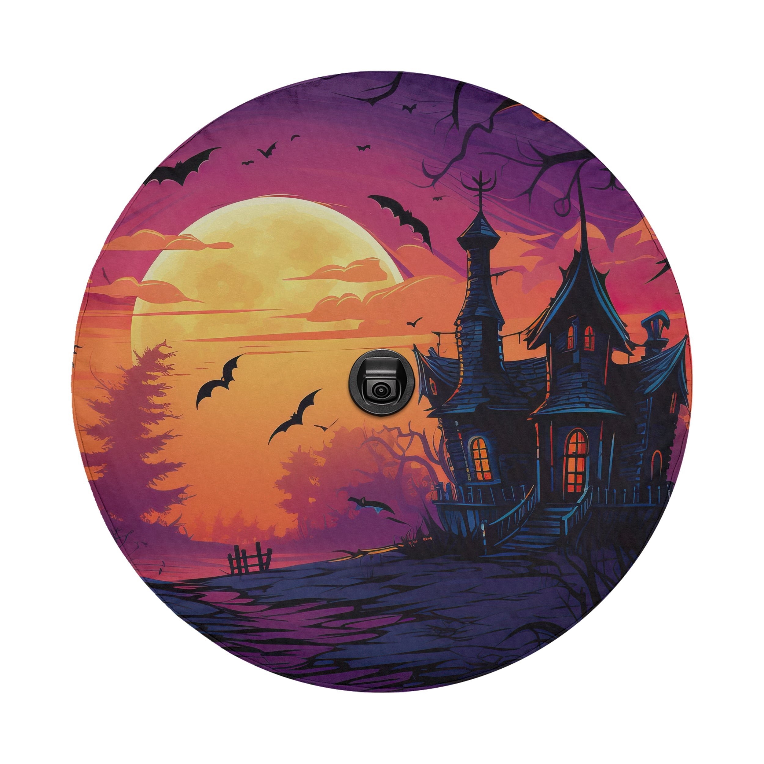 A spooky, castle-like structure silhouetted against a large, glowing moon and a vibrant, colorful sky with bats flying overhead.