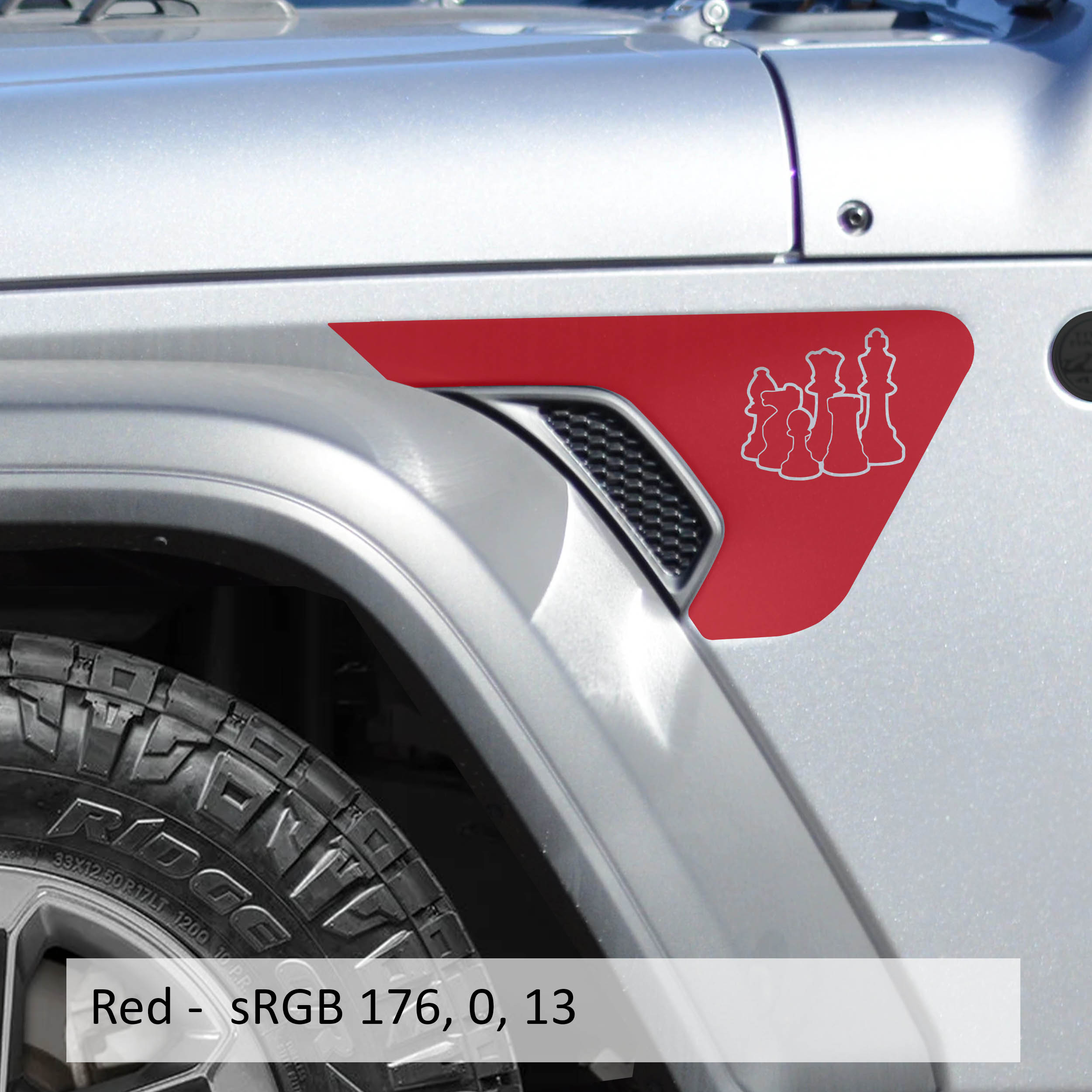 Red chess pieces blackout fender vent decal installed on silver Jeep Wrangler JL billet vent
