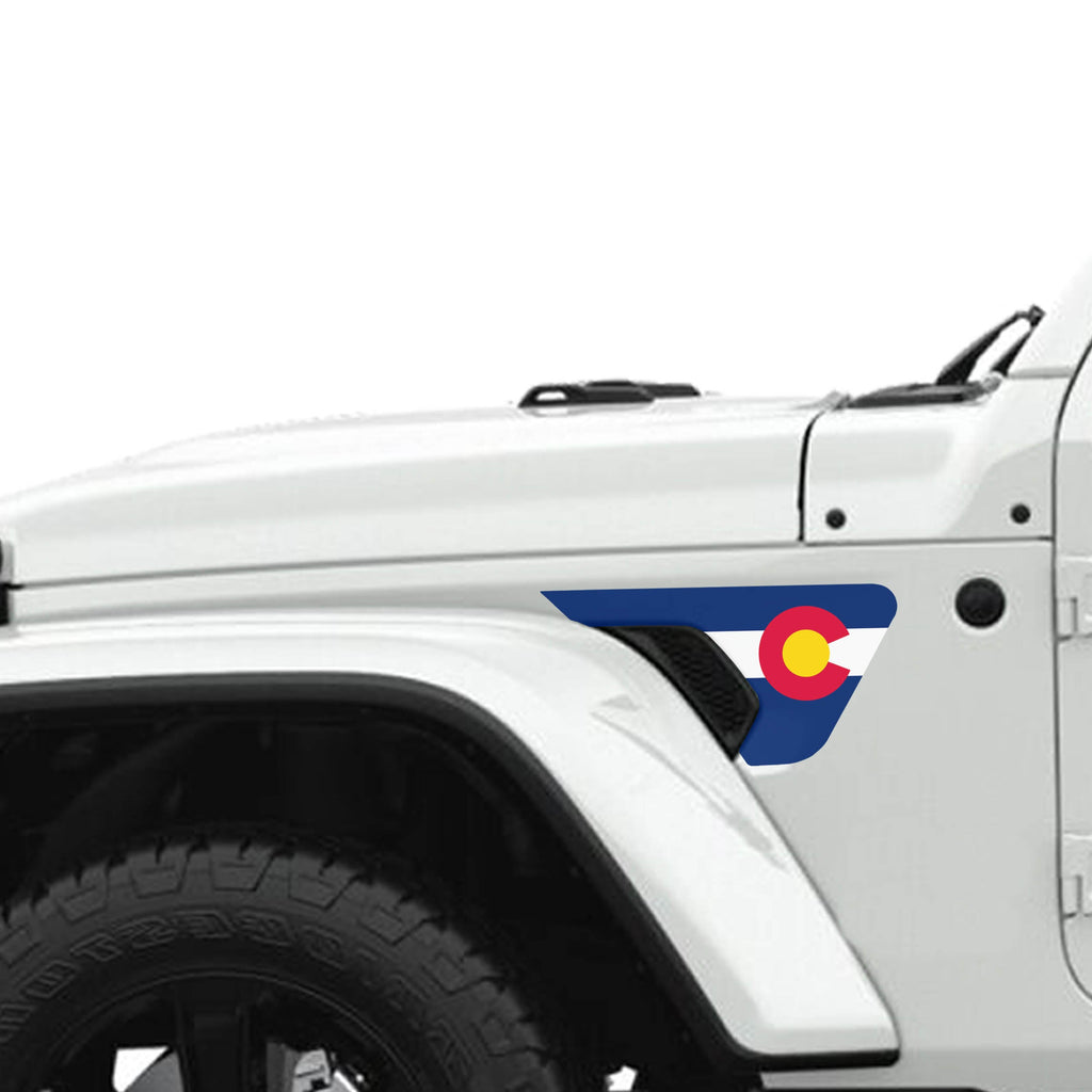 Colorado state flag fender vent decal shown on Jeep Wrangler JL JT 2018 plus with color swatches