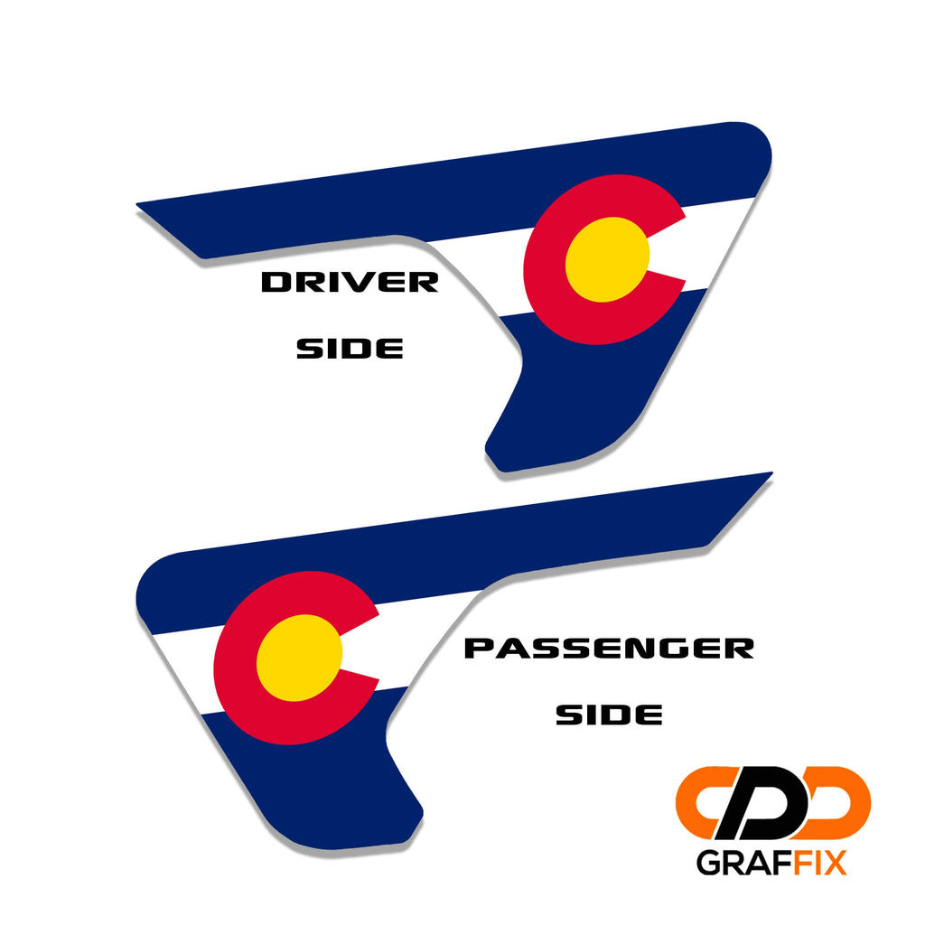 Colorado state flag 2 piece fender vent decal set with named Oracal 651 vinyl color swatches