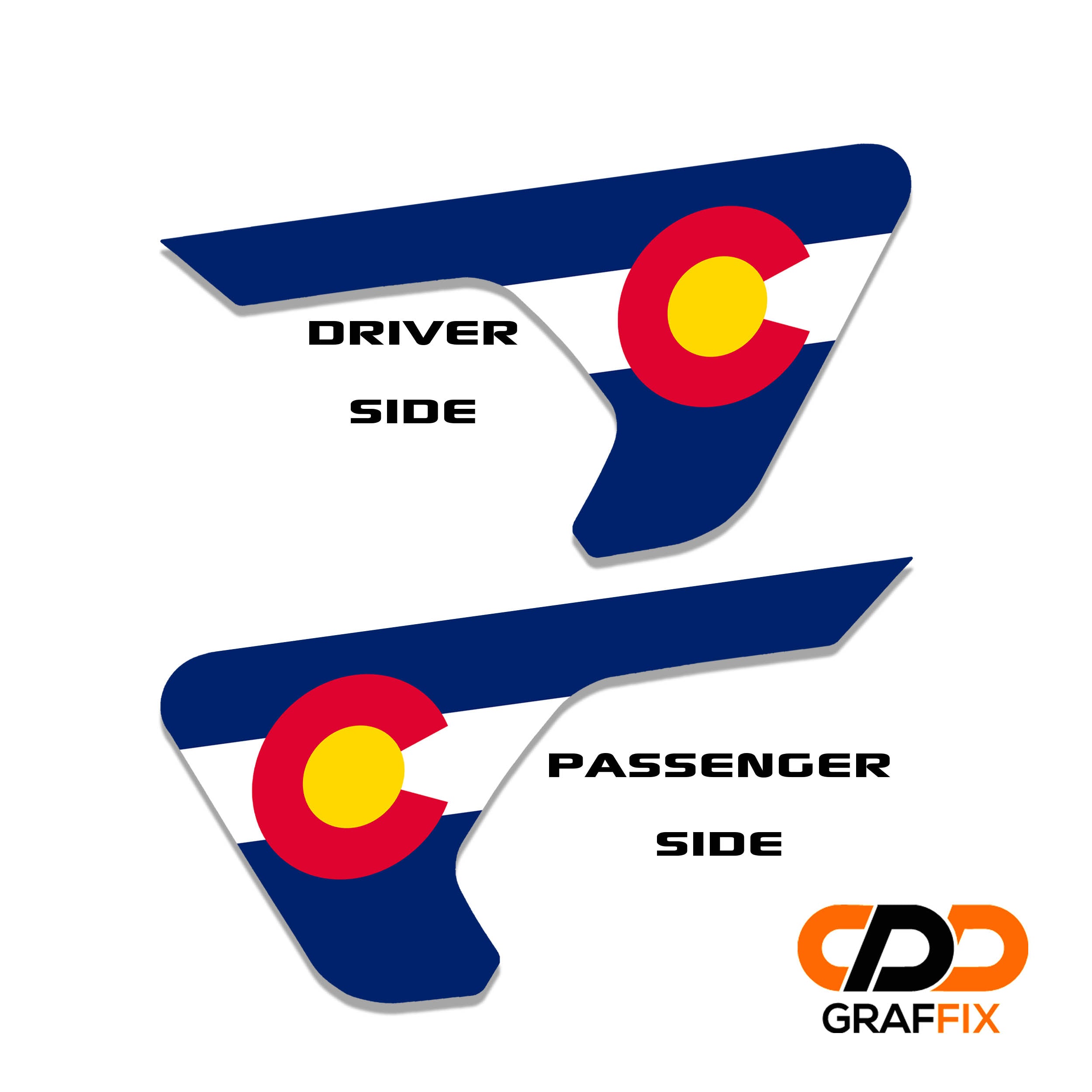 Colorado state flag 2 piece fender vent decal set with named Oracal 651 vinyl color swatches