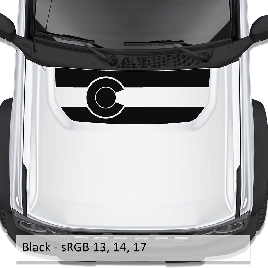 Colorado Flag blackout hood vinyl decal in black shown installed on the hood of a 2021+ Ford Bronco