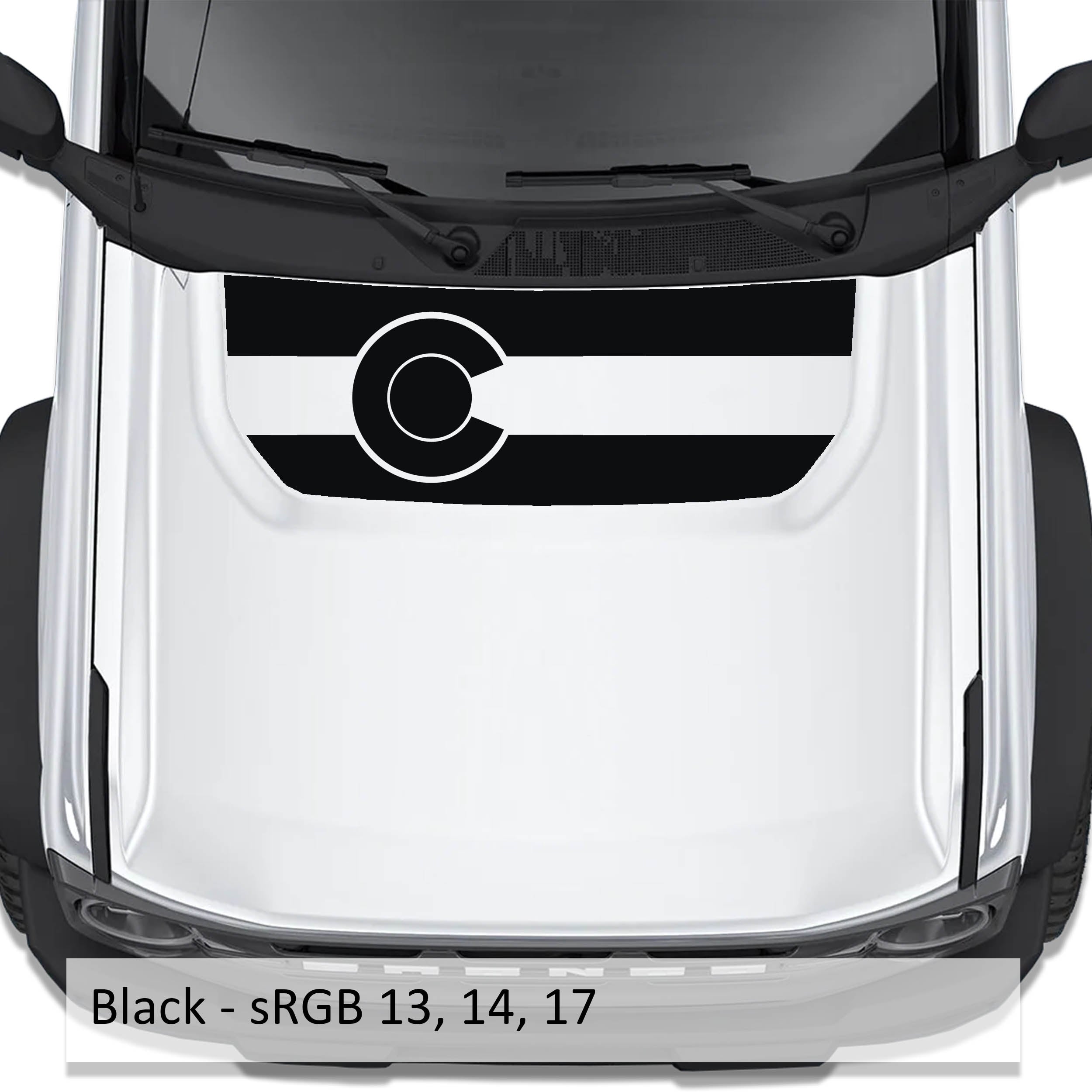 Colorado Flag blackout hood vinyl decal in black shown installed on the hood of a 2021+ Ford Bronco