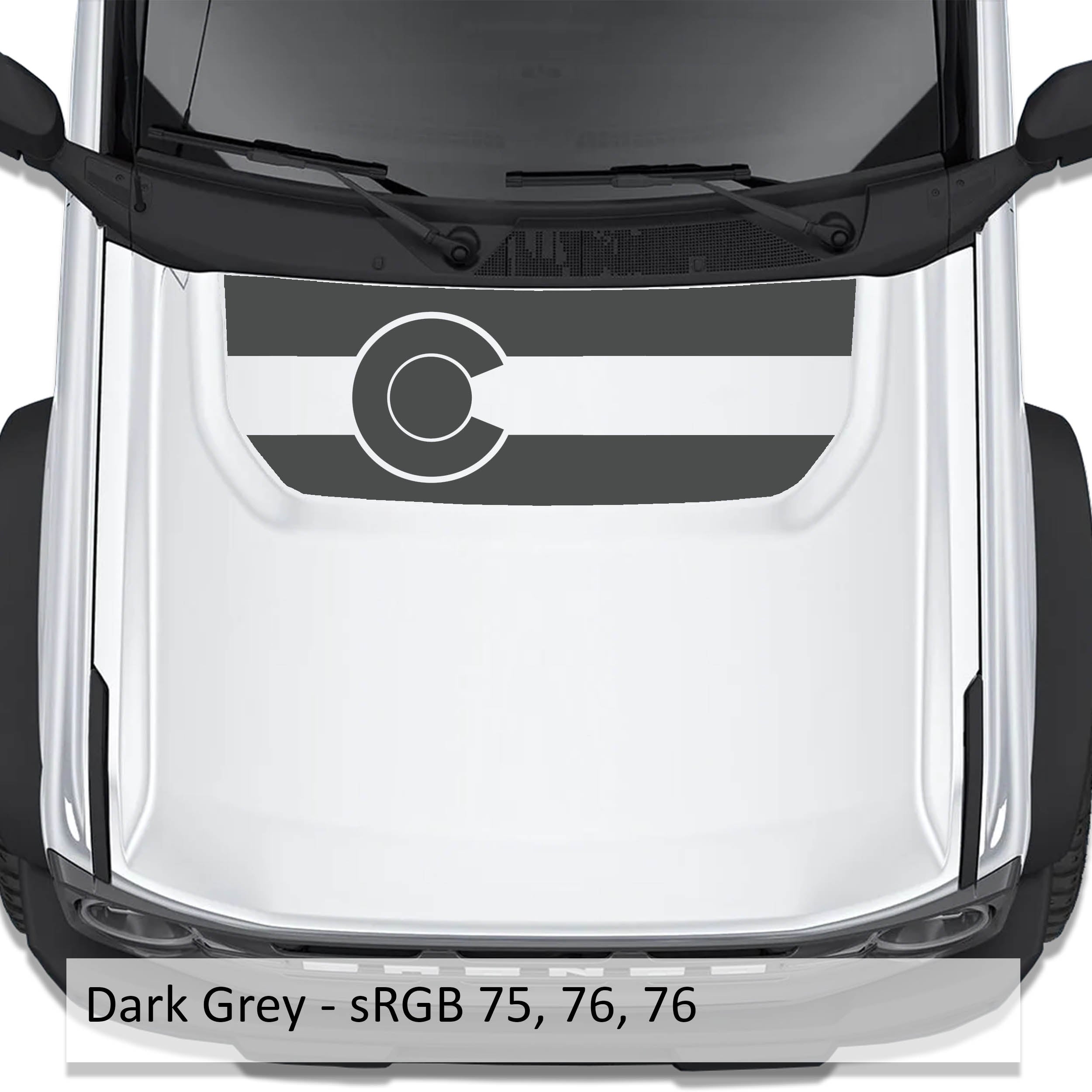 Colorado Flag blackout hood vinyl decal in dark gray shown installed on the hood of a 2021+ Ford Bronco