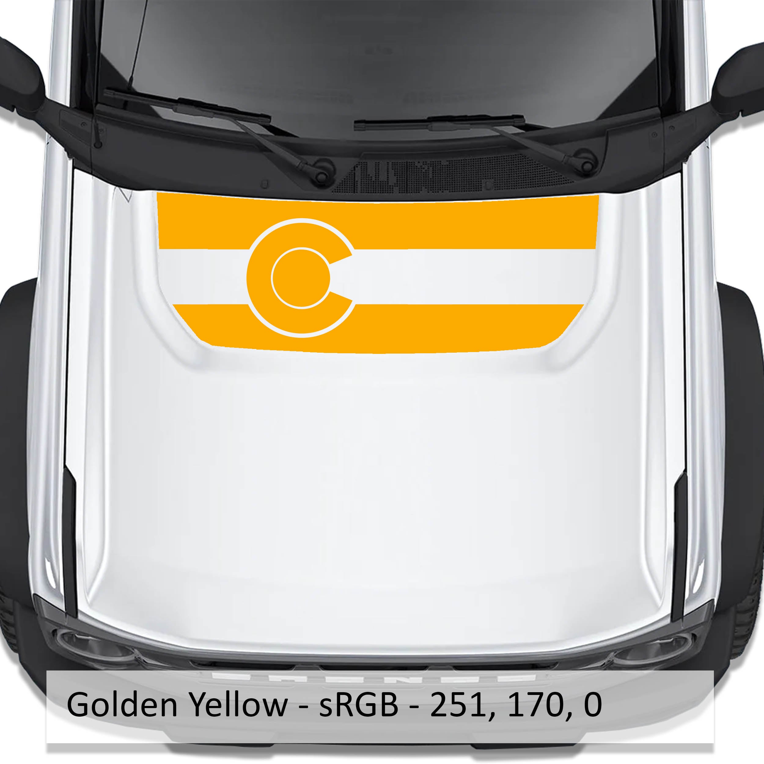Colorado Flag blackout hood vinyl decal in gold yellow shown installed on the hood of a 2021+ Ford Bronco