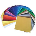 Fanned spread of Oracal 651 vinyl color swatch sheets showing red orange yellow green blue and gold samples